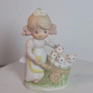 Vintage Homco Figurine: Girl With Wheelbarrow & Kittens